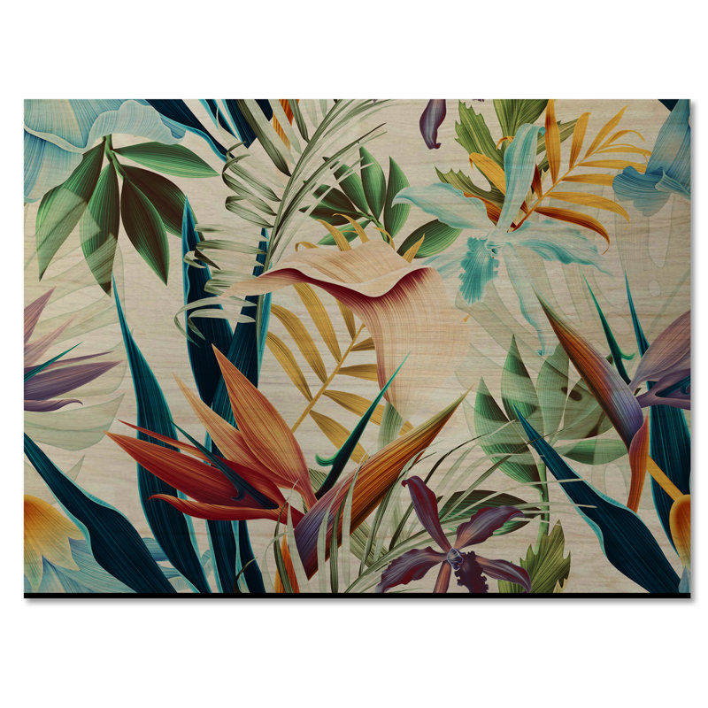 Fleurs tropicales rétro I - impression d'art mural en bois tropical, H 8 po x l 12 po x P 1 po