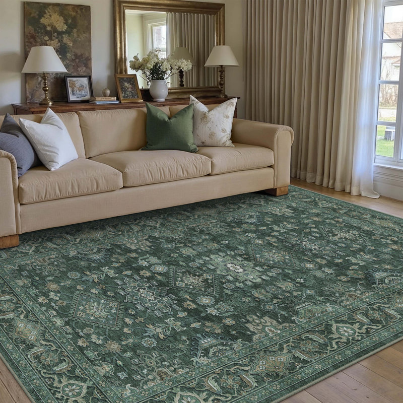 Tapis oriental lavable à la machine avec envers antidérapant Avella, Rectangulaire 3 pi x 5 pi, Green