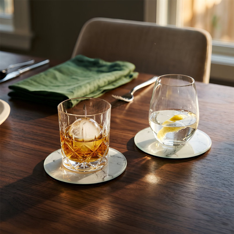 Harbour Housewares - 12pc Round Glass Placemats & Round Coasters Set - 30cm - White Marble Effect