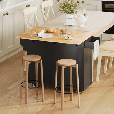 Solid Wood Top Kitchen Island Cart with Drop Leaf,  Locking Wheels, Large Drawers, Storage Cabinet, Towel Rack & External Spice Rack