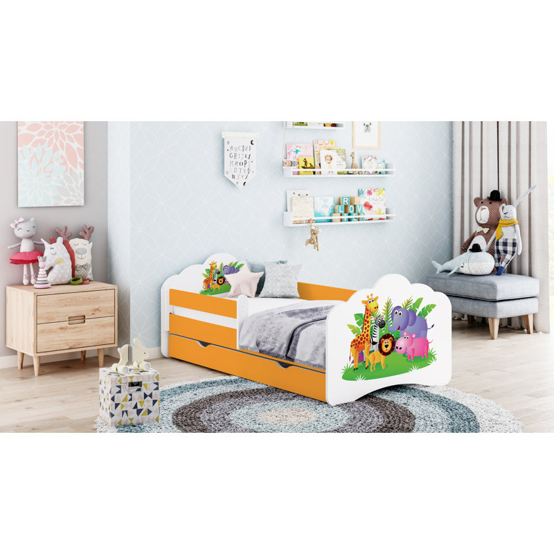 Romolo Cot Bed / Toddler Bed Frame with Drawers, Orange, 65 x 80 x 160cm