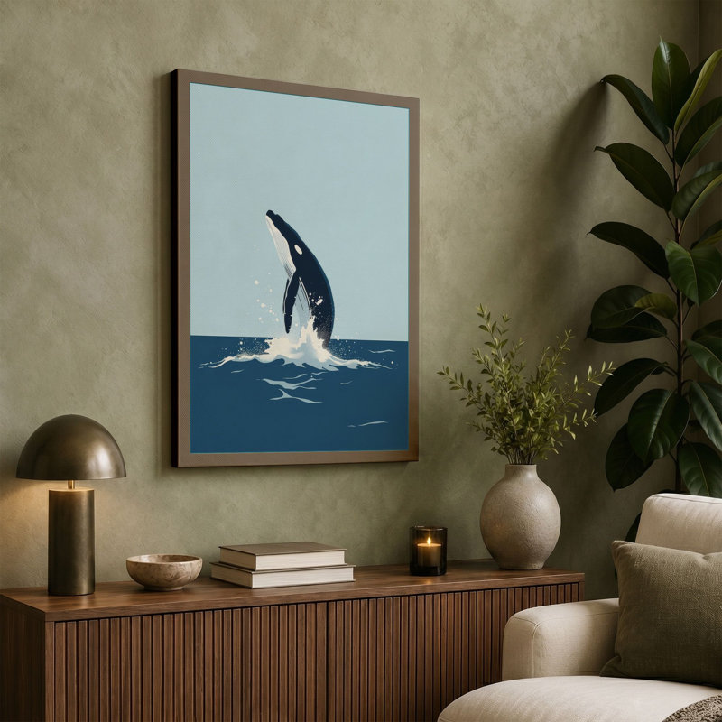 Breaching Whale Coastal - Wrapped Canvas, 18x12 - 45.7 x 30.5 cm, Taupe Border