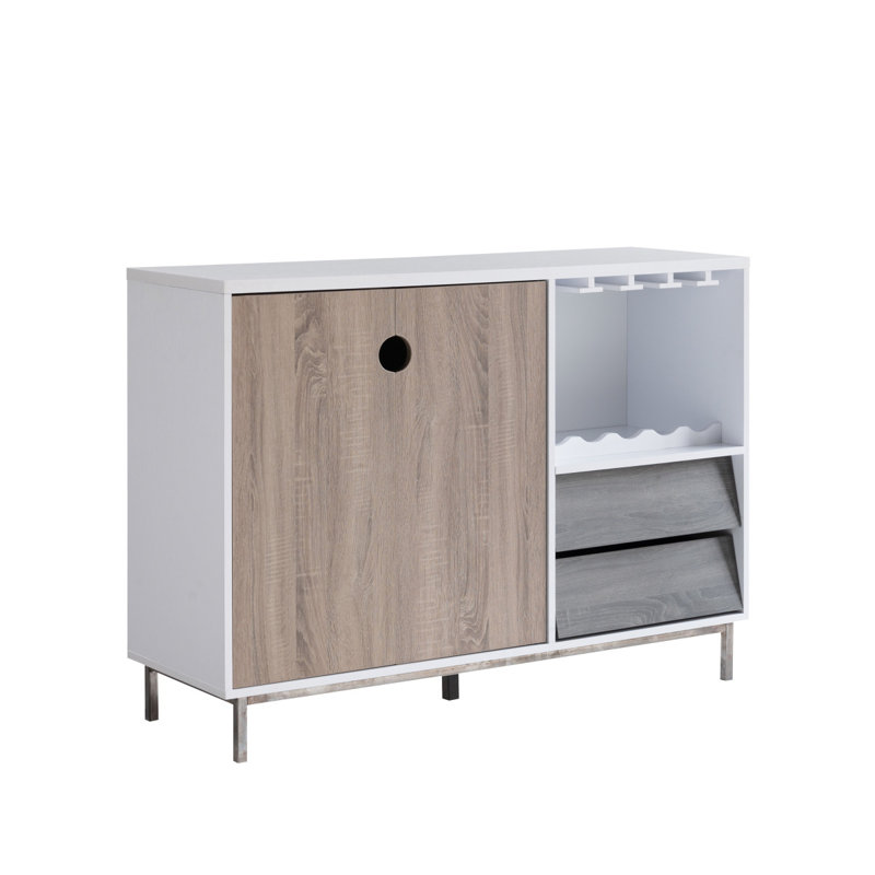 Wooden Display Rack, Cabinet With Drawer, Holds 6 Wine Glass & Taupe & Distressed