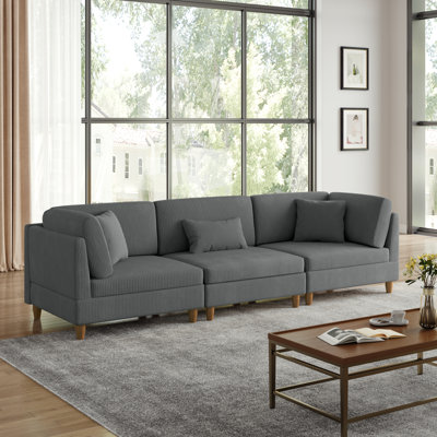 Seemab 3 - Piece Upholstered Gray Corduroy Modular Sectional with Pillow Back and Solid Wood Legs