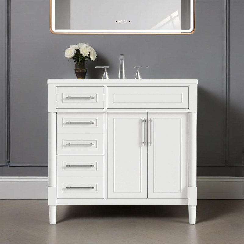 Meuble-lavabo de 36 po avec lavabo en résine supérieur, armoire de rangement autoportante avec 2 tiroirs et un tiroir basculant
