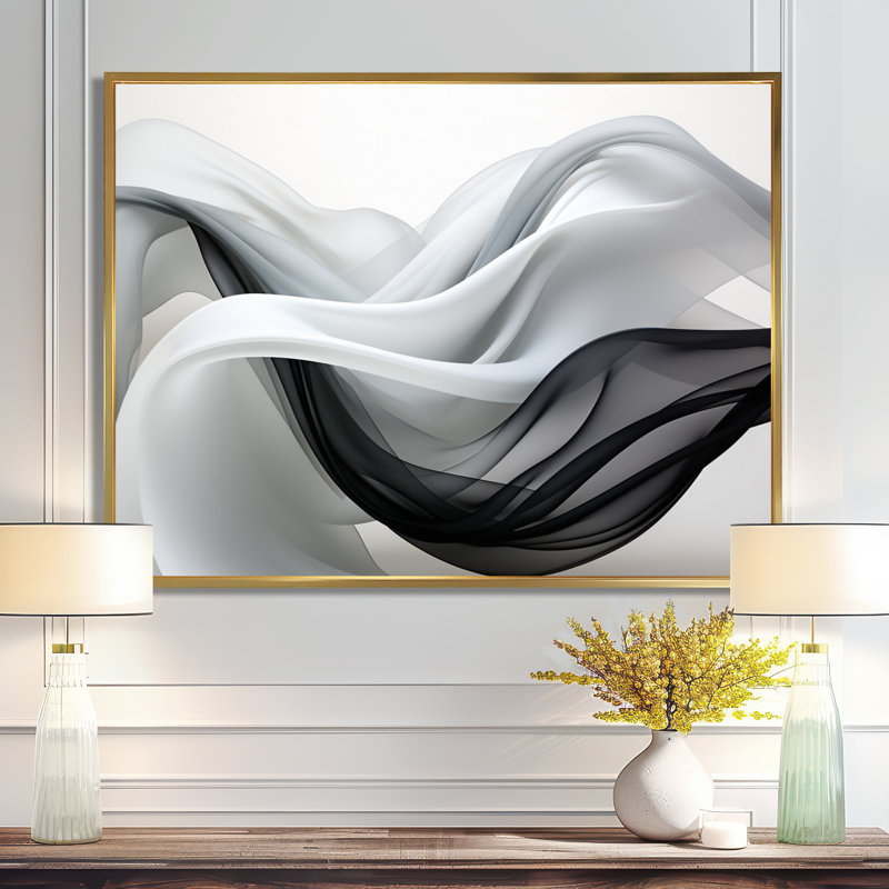 «Streams liquides» - art mural vagues, H 16 po x l 32 po x P 1 po, Toile avec cadre flottant or
