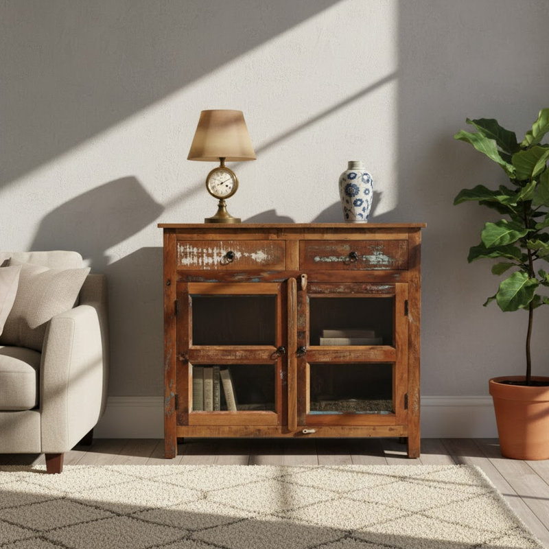 Antique Solid Wood 2 Drawer Glass Door Cabinet