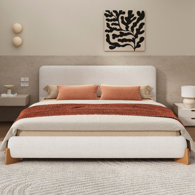 King Size Elegant White Boucle Bed With 3 Support Legs And 12 Wooden Slats For A Versatile Bedroom Upholstered Long - Lasting Use