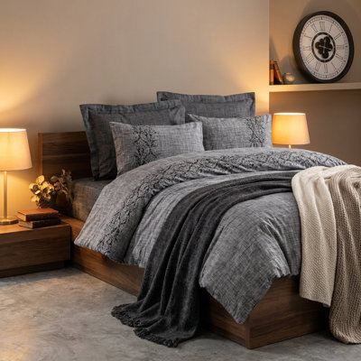 Sooty Textured Damask Cotton Duvet Cover Set