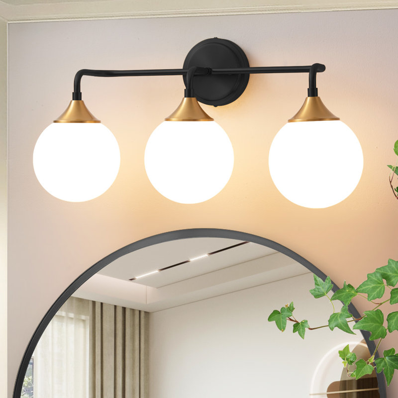 Romale Dimmable Bathroom Vanity Light with 5.9in Milk Opal Glass Globe Shade, Matte Black/Gold, 3