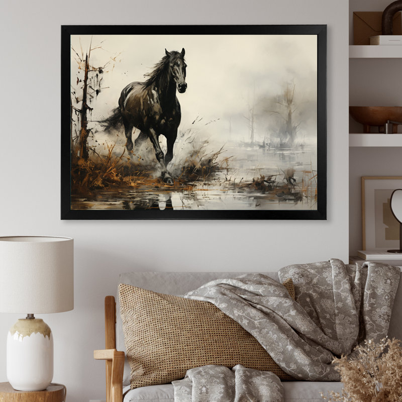 «Grey Horse Misty Morning Canter II», art mural cheval, H 30 po x l 40 po x P 1,5 po, Cadre simple noir
