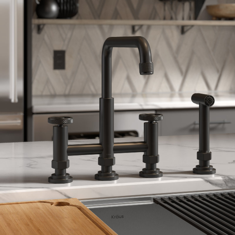 Urbix Bridge Faucet with Side Spray Included, Matte Black/Grey