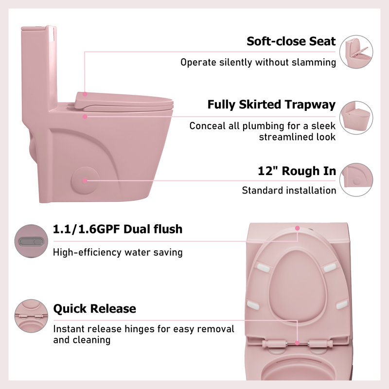 1.1/1.6 GPF Dual-Flush Elongated One-Piece Toilet with 17.13" ADA Comfort Seat Height, Ceramic Glazed Surface(Soft Close Seat Included), Pink