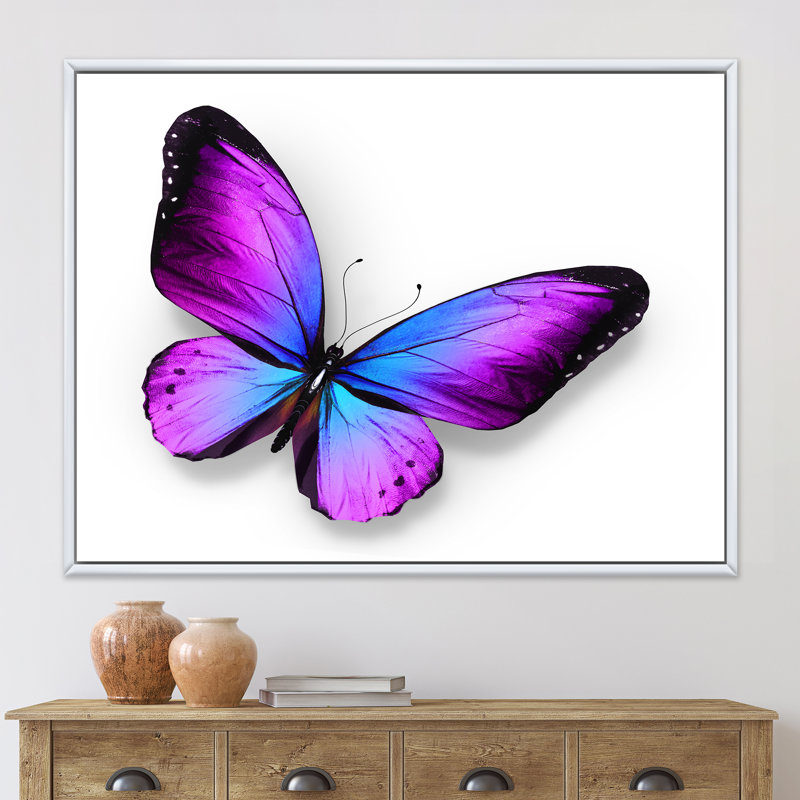 Violet et papillon bleu - reproduction sur toile, H 12 po x l 20 po x p 1 po, Toile blanche encadrée