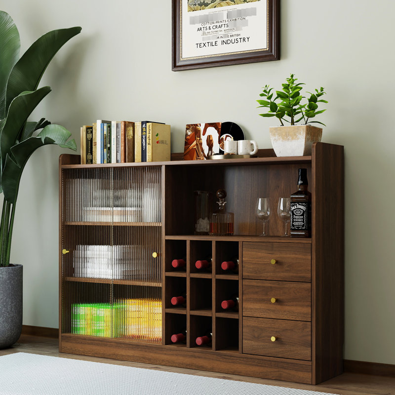 Grand buffet de grande capacité avec portes coulissantes en verre, pouvant servir de support de rangement, convenant à la cuisine, au garage et à la salle de réception, look minimaliste moderne, couleur noyer, panneau de particules et espace spacieux
