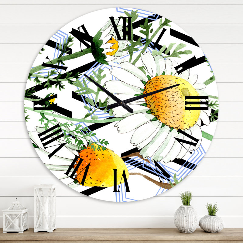 Fleurs de camomille sauvages sur fond géométrique - Horloge murale traditionnelle, Très petit