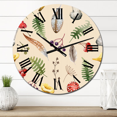 Wild Forest Herbs and Mushroom on Beige - Patterned Wall Clock