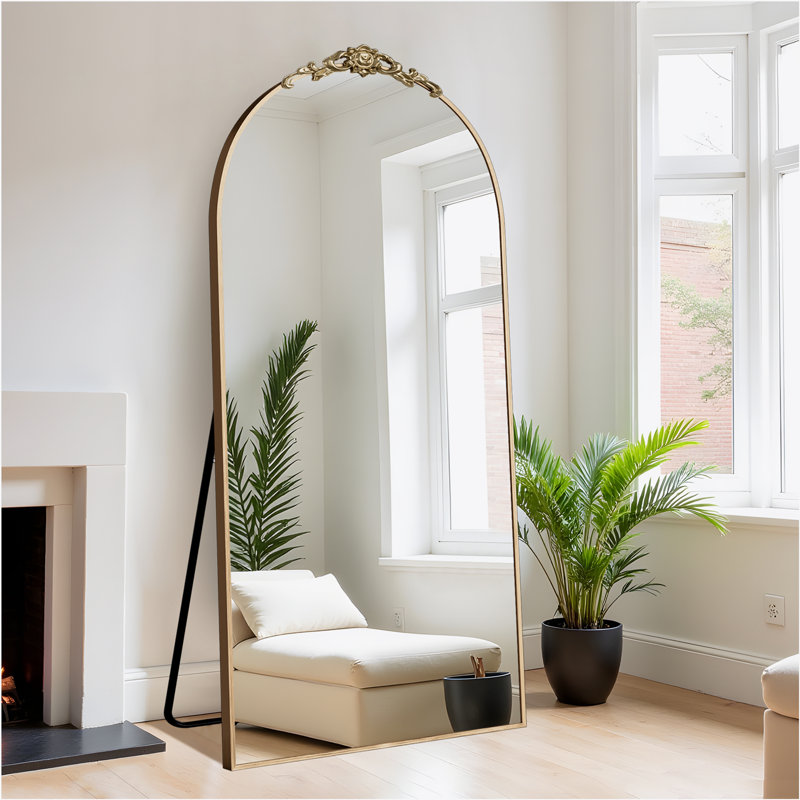 Arch Wood Full Length Mirror Freestanding Mirror Wall Mirror with Carved Design, Black, 71" x 31"