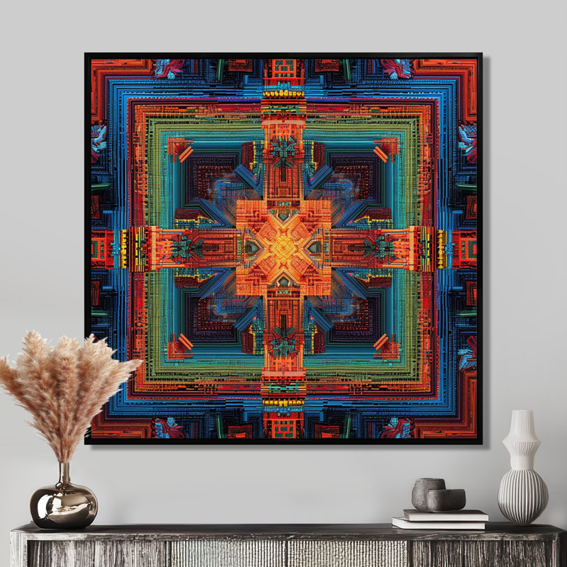 Mandala bouddhiste géométrique Vajrayana, Cadre flottant noir, H 16 po x l 16 po x P 1 po