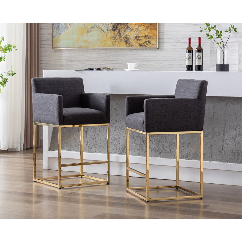 Datia Upholstered Counter Stool with Metal Frame, Charcoal Polyester / Gold Frame, Counter Stool (26.75” Seat Height)