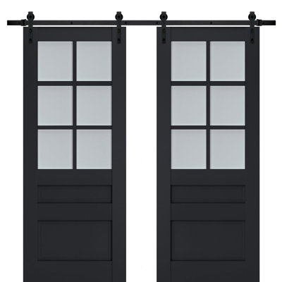 Porte de grange double robuste avec verre dépoli Veregio 7339 Anthracite, supports de rail de 13 pi, portes intérieures à panneaux pleins et lourds - 36 po x 96 po (2 x 18 po x 96 po) - Rail noir