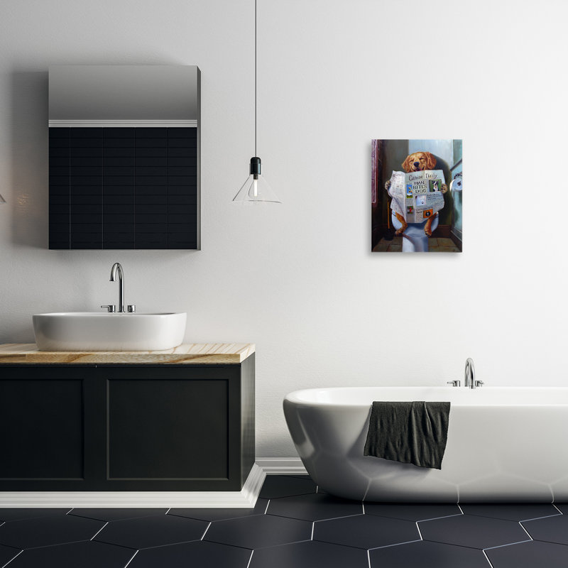 "Chien lisant le journal sur la toilette", peinture sur toile tendue par Lucia Heffernan, H 20 po x l 16 po