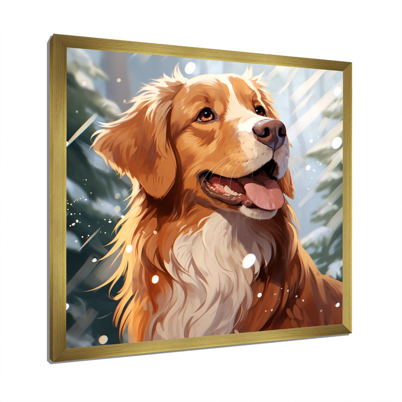 Winter Labrador Dog Happiness - Art mural chien, Cadre doré simple, H 16 po x l 16 po x P 1 po