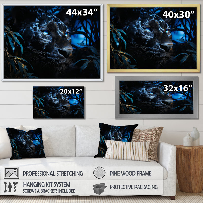 Panthère noire au clair de lune - art mural Panther Large, Cadre simple noir, H 16 po x l 32 po x P 1 po