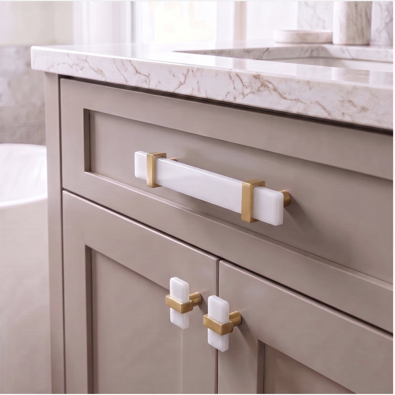 2” Length Rectangle Knob, Satin Brass/White