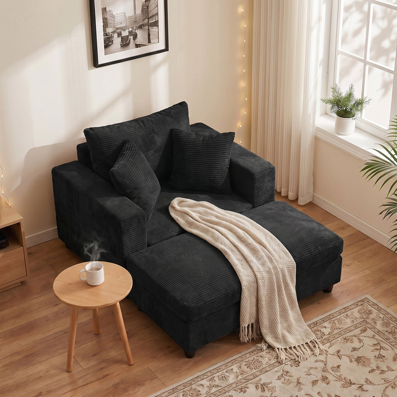 Boneless Modern Corduroy Upholstered Sofa Chaise Lounge Chair With Removable Ottoman, Black, Non-Storage Ottoman