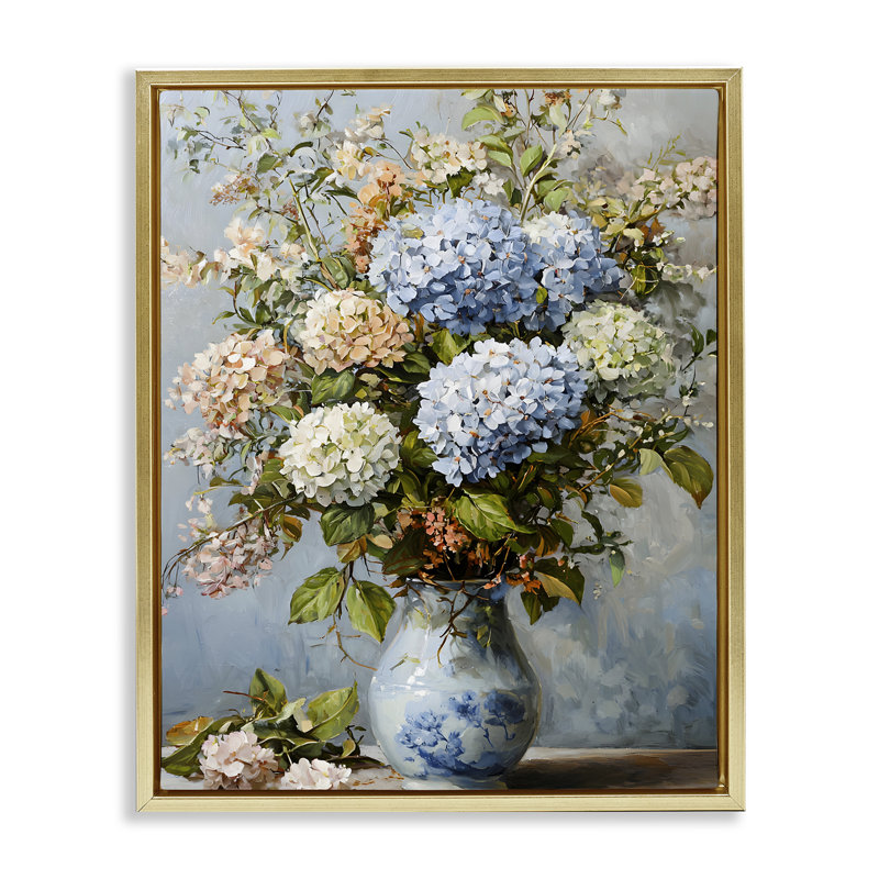 Cadre flottant classique avec hortensias et feuilles, design par Franklyn Gregory, H 21 po x l 17 po