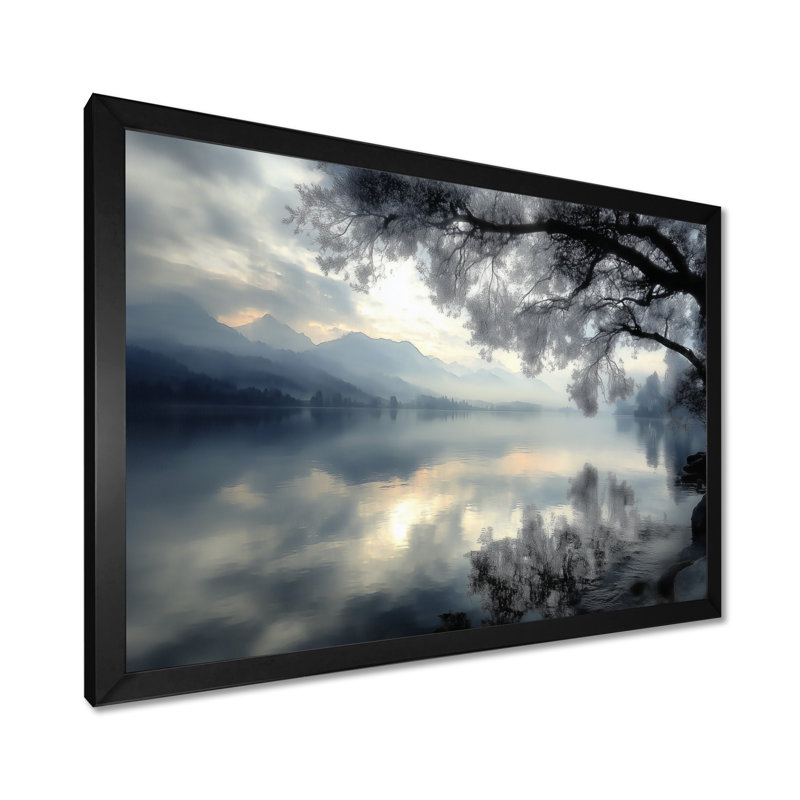 «Serene Lake At Dawn With First Light», impression encadrée sur toile, paysage bleu, H 34 po x l 44 po, Avec cadre, Noir