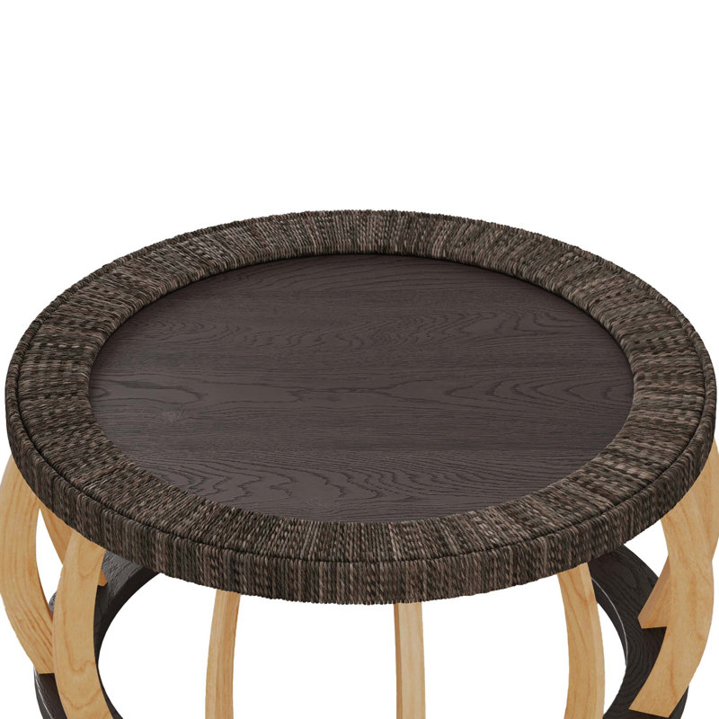 Table basse ronde en bois massif de 35,43 po avec pieds courbés et table d'appoint Boho pour la salle à manger, Brun-noir