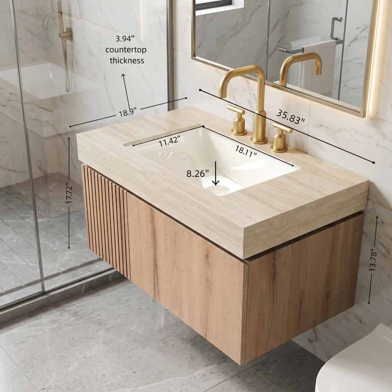 Meuble-lavabo mural simple 36 po avec surface solide 36 po, Chêne blanc