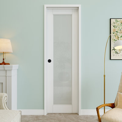 18" x 80" 1-Lite Frosted Glass Interior Prehung Door with Round Knob and Black Hinges, Privacy Glass Door Slab, Paintable & Waterproof, Suit for Laundry, Closet Doors, Room Doors, Right Hand