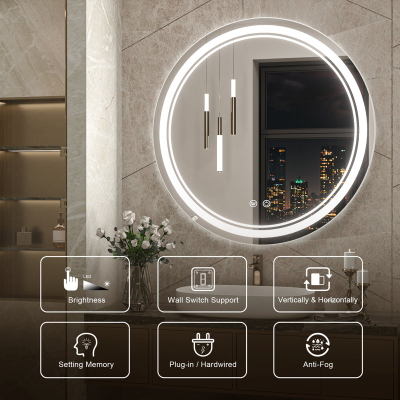 Lashonta Round Frameless Frontlit Bathroom Mirror with Stepless Brightness Adjustment, 3 Color Temperature & Defog Function