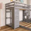 Lit superposé simple au-dessus de double avec cadre en bois avec tablettes à 3 niveaux, tiroirs et escalier de rangement-384576473