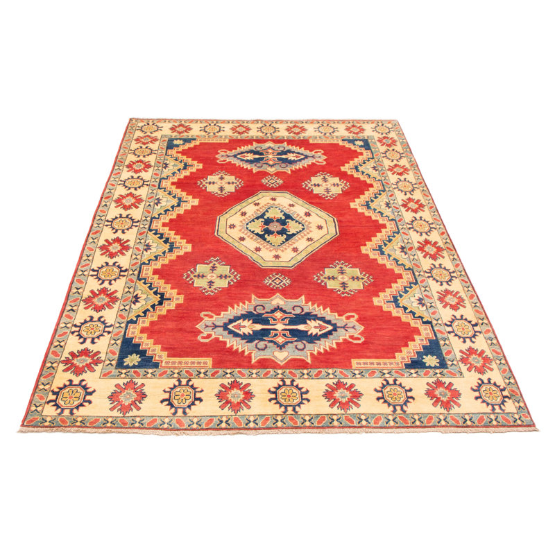 Tapis unique en laine noué à la main 6 pi 7 po x 9 pi 8 po nouvel âge en rouge / bleu / beige