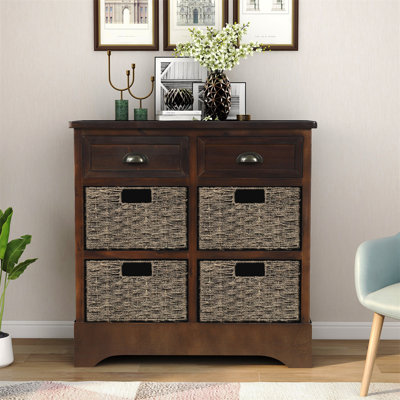Small Console Table with Drawers and 4 Removable Rattan Basket