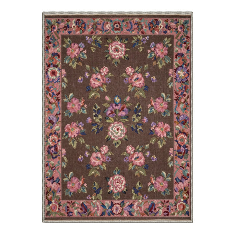 Bellingham Verdant Vintage Floral Machine Washable Pink / Green / Brown Indoor Area Rug with Non-Slip Backing