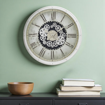 Valina Round Gear Mechanism Wall Clock, White, Transitional, Large, Oversized