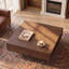 Table basse 35 po carrée en bois massif brun moderne avec tiroirs de rangement cachés à 2 voies, détails cannelés, parquet, table basse à grain de bois-1462684909-1462684907