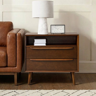 Aviannah Midcentury Modern 28''W 2-Drawer Nightstand with Charging Station and Solid Wood Legs and Open Shelf
