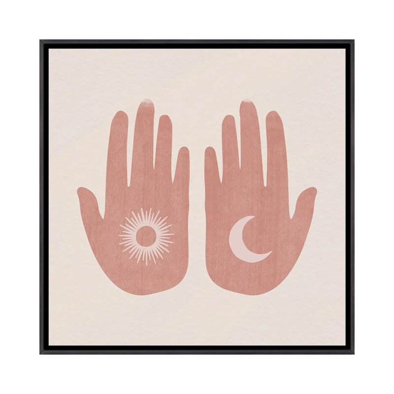 Soleil, lune, mains - impression d'art graphique, H 37 po x l 37 po x P 1,5 po, Toile avec cadre noir patiné, Pas de tapis