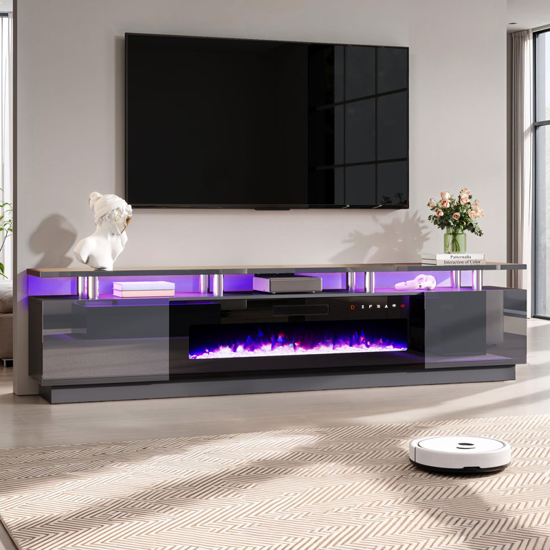 Bhhatu 2 Tier High Gloss TV Stand with Electric Fireplace Included, Gray, 90"