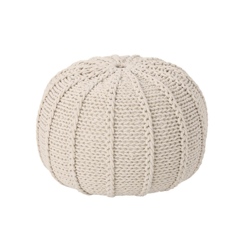 Beige Knitted Round Pouf - 100% Cotton, 19.5" X 12.75", No-assembly Footrest/seat For Living Room/bedroom