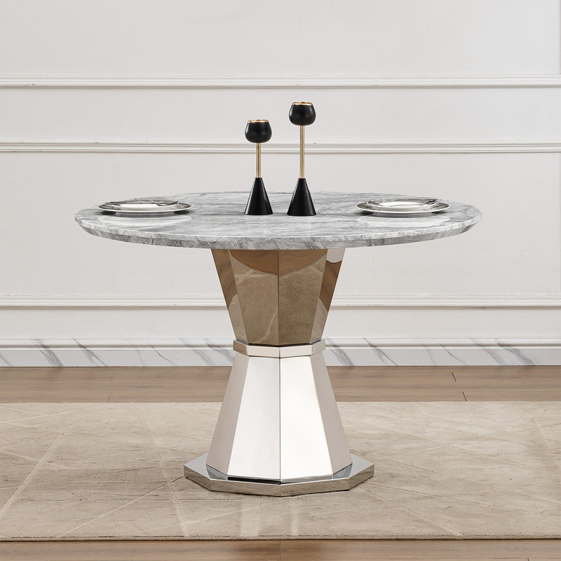 Table de salle à manger ronde moderne 47 po avec plateau en faux marbre ultrabrillant et base en acier inoxydable