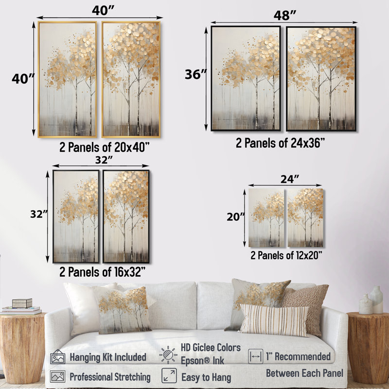 Minimalisme Golden Trees Tranquility - art mural beige, H 32 po x l 32 po, Toile tendue, Ne s’applique pas