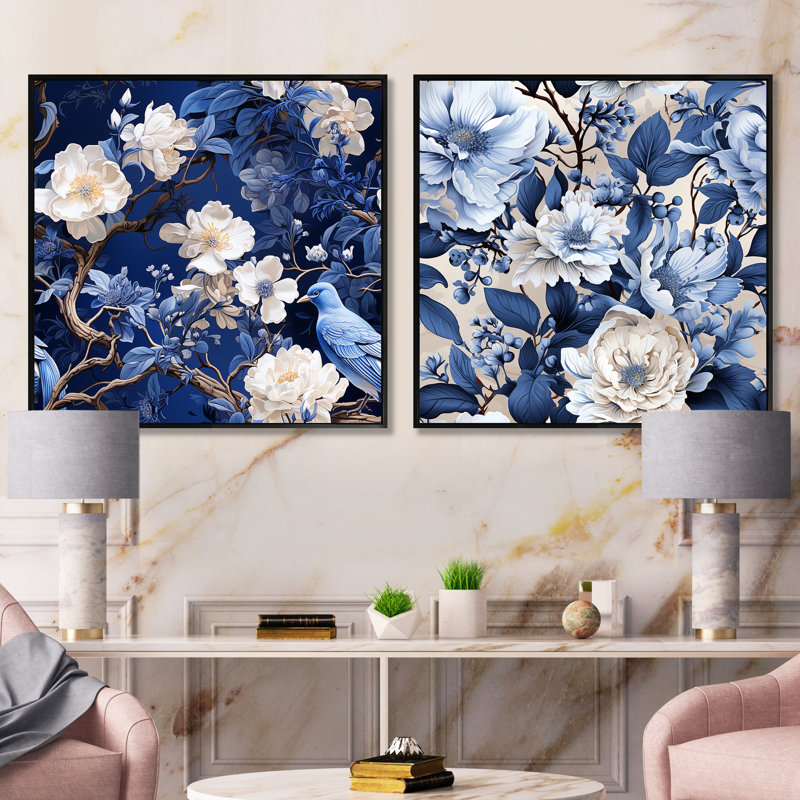 Motif victorien bleu de cobalt II - ensemble de 2 collages carrés floraux, Cadre flottant noir, H 16 po x l 33 po