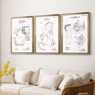 Toilet Paper Patent I  -Custom Framed  Wrapped Gallery Canvas - 3 Pieces